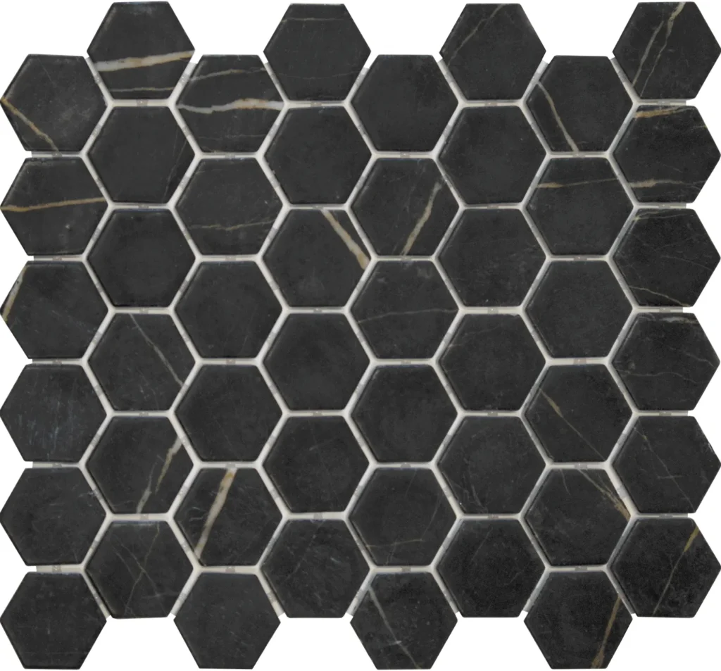 Mozaiek Valencia Hexagon Marmerprint Zwart 4,4x5,0 1 Mozaiek Valencia Hexagon Marmerprint Zwart 4,4x5,0